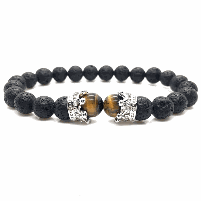 Crowned Eye of Tiger and Lava Stone Braided Bracelet.