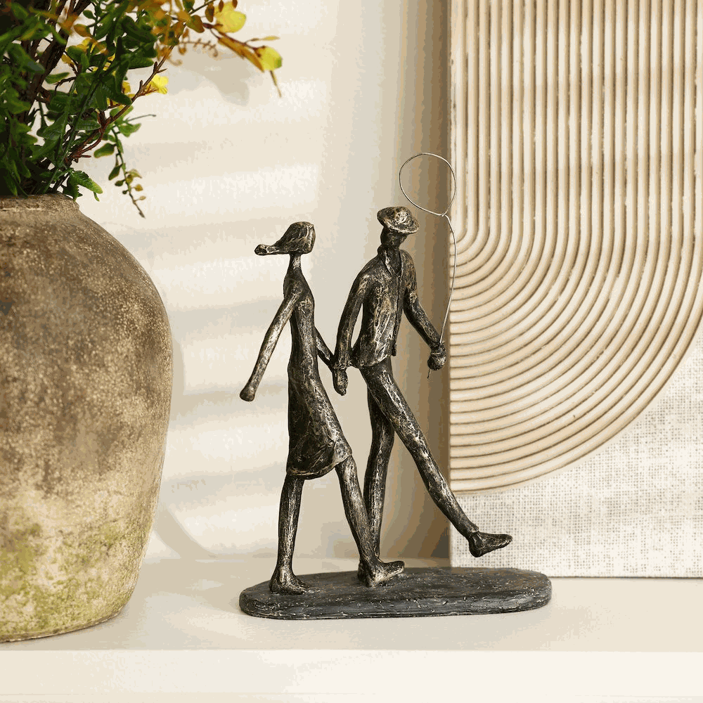 Modern Brown Polyresin Couple Walk Tabletop Home Decor.