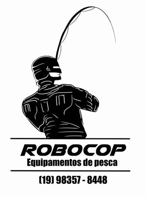 RoboCop silhouette with fishing rod and 'ROBOCOP Equipamentos de pesca' text on a white background