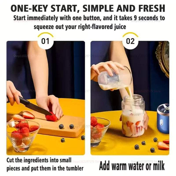 Two-step process for making a juice drink with text instructions on a yellow background.