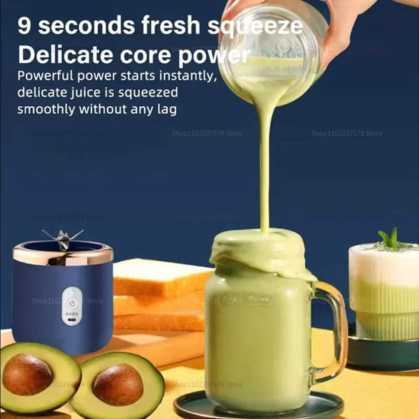 Juicer being used to extract juice from an avocado with text highlighting its features.