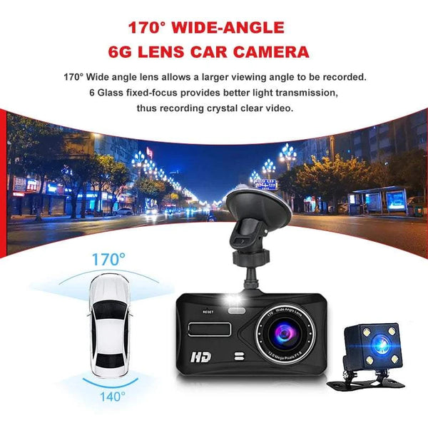 Car camera with wide-angle lens and 6G lens technology on a city street background
