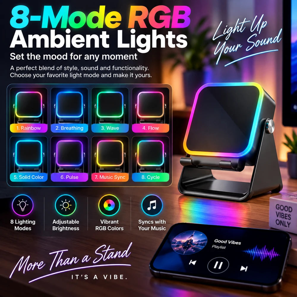 5-in-1 Wireless Speaker Phone Stand with RGB Lights & 360° Adjustable Holder