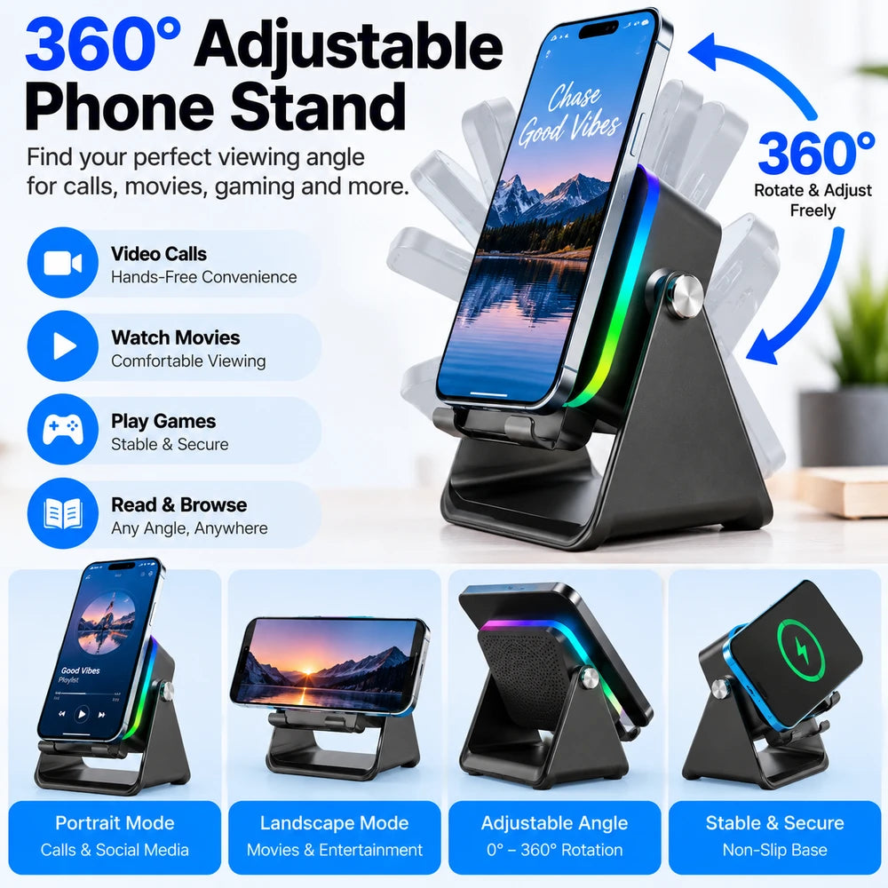 5-in-1 Wireless Speaker Phone Stand with RGB Lights & 360° Adjustable Holder