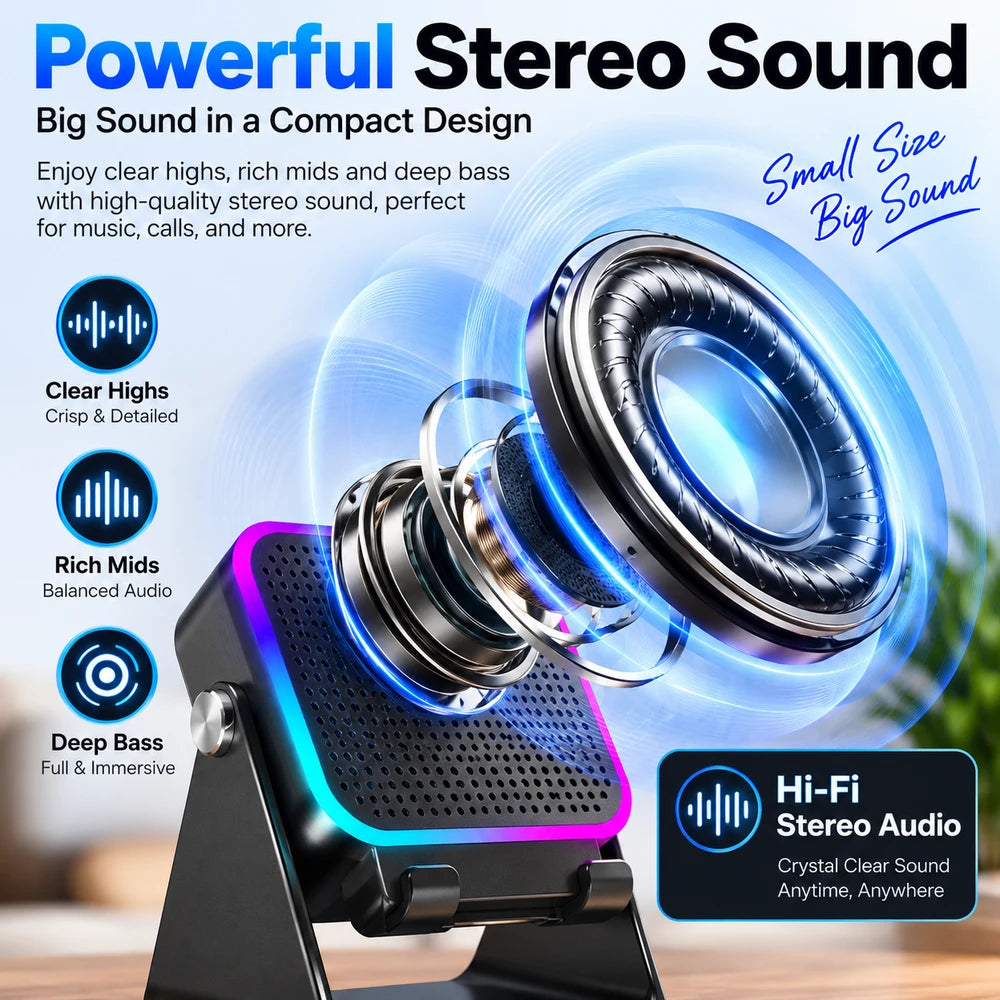5-in-1 Wireless Speaker Phone Stand with RGB Lights & 360° Adjustable Holder