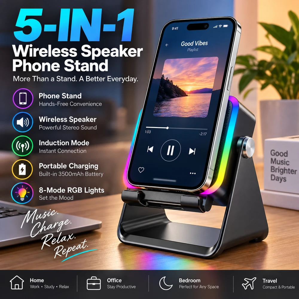 5-in-1 Wireless Speaker Phone Stand with RGB Lights & 360° Adjustable Holder