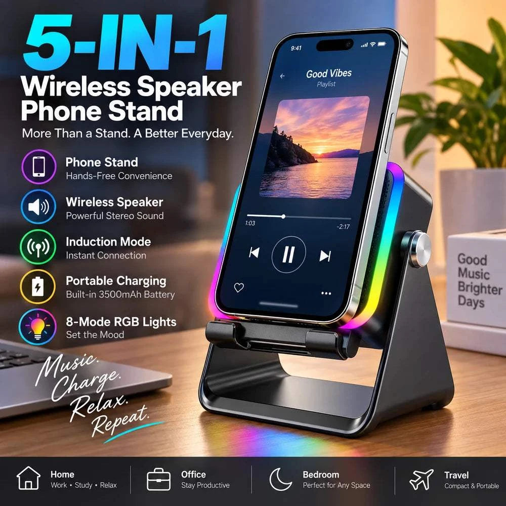 VibeDock RGB speaker and adjustable phone stand for hands-free viewing and audio