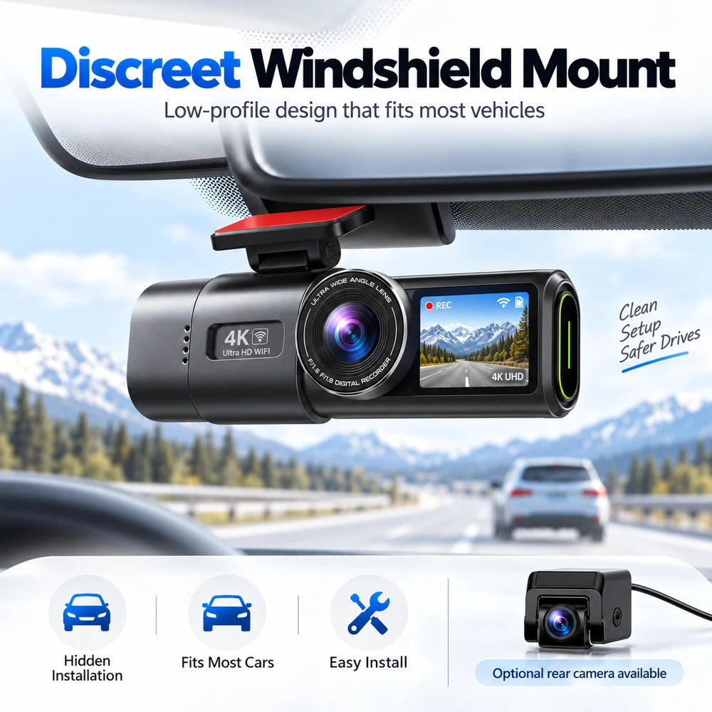 4K UHD Smart Dash Cam with Wi-Fi, GPS Support, Night Vision & Optional Rear Camera