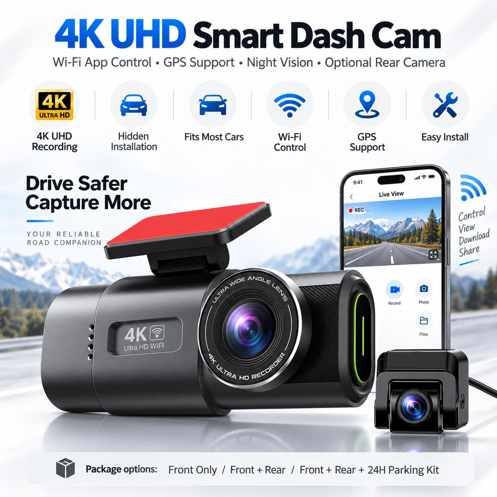 4K UHD Smart Dash Cam with Wi-Fi, GPS Support, Night Vision & Optional Rear Camera