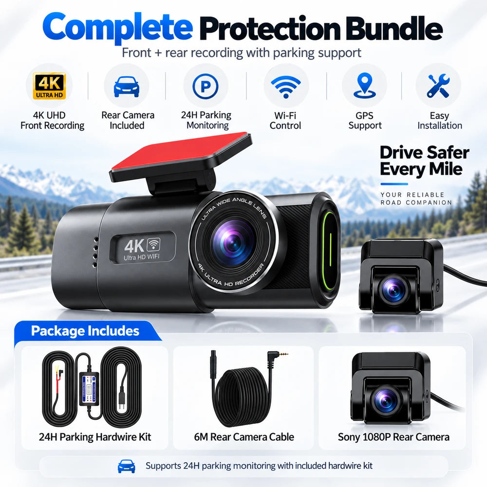 4K UHD Smart Dash Cam with Wi-Fi, GPS Support, Night Vision & Optional Rear Camera
