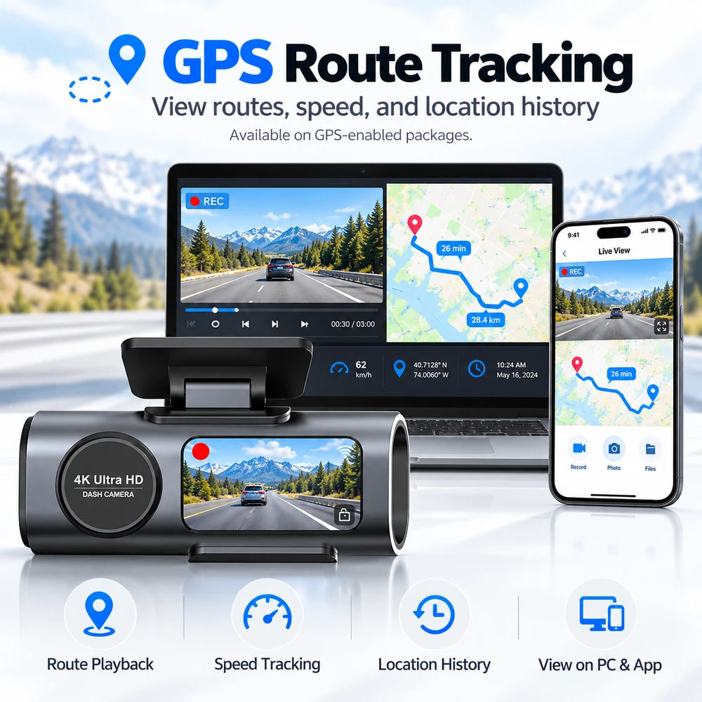 4K UHD Smart Dash Cam with Wi-Fi, GPS Support, Night Vision & Optional Rear Camera