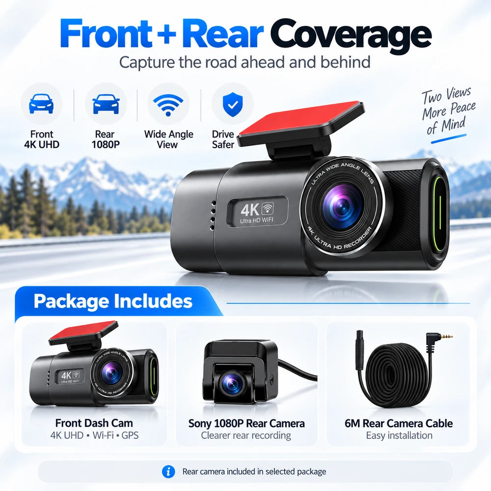 4K UHD Smart Dash Cam with Wi-Fi, GPS Support, Night Vision & Optional Rear Camera