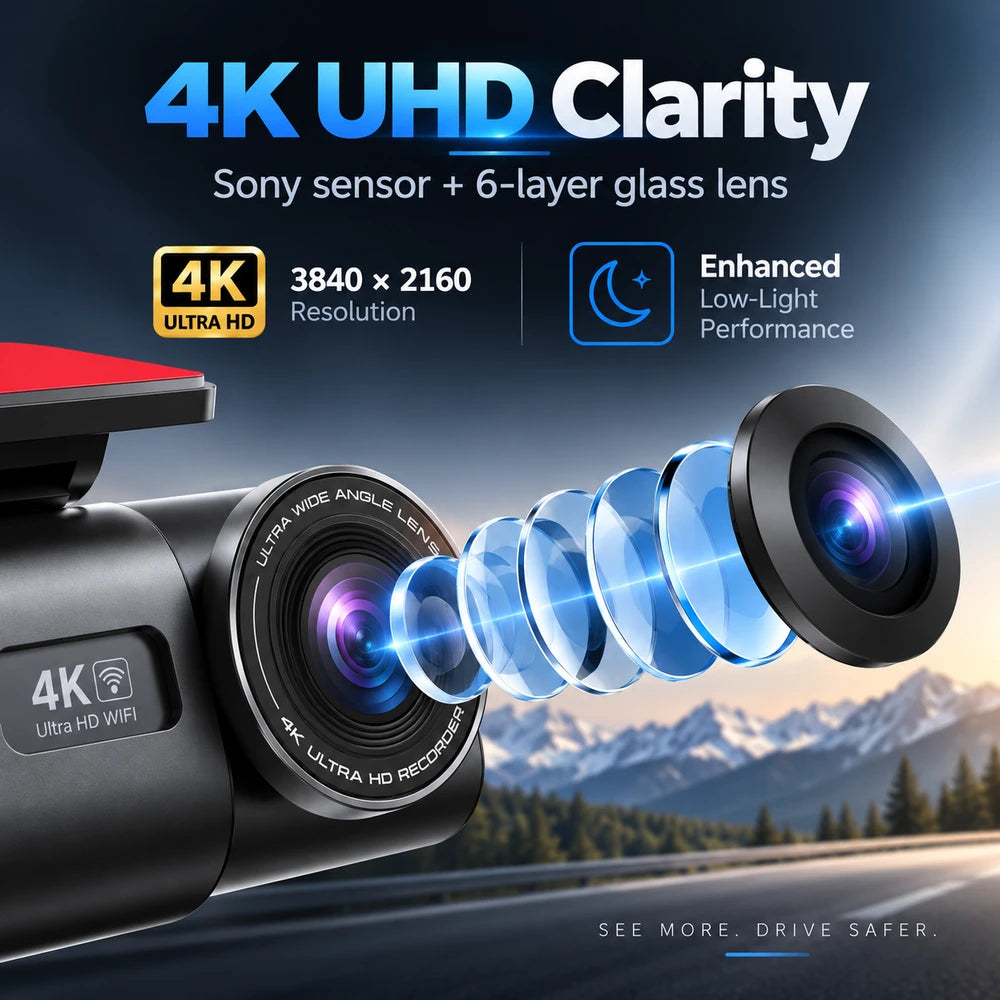 4K UHD Smart Dash Cam with Wi-Fi, GPS Support, Night Vision & Optional Rear Camera