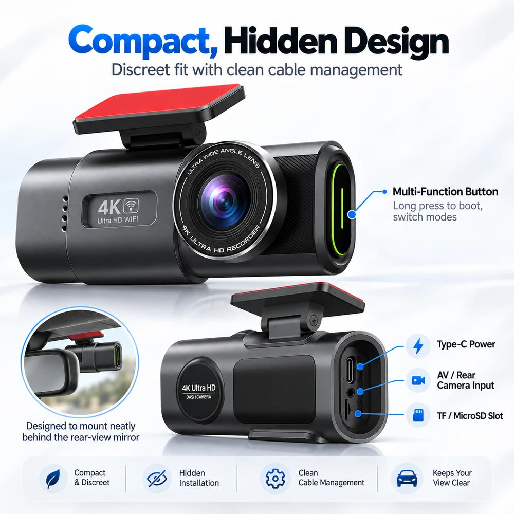 4K UHD Smart Dash Cam with Wi-Fi, GPS Support, Night Vision & Optional Rear Camera