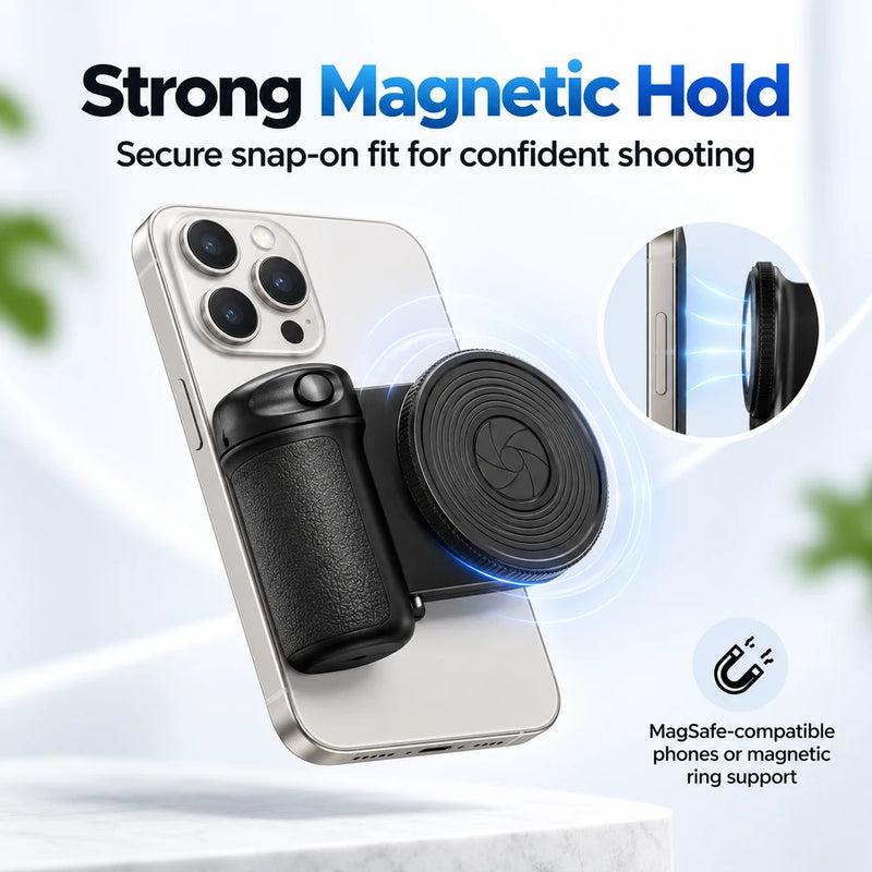 Magnetic phone camera grip with built-in LED fill light for selfies