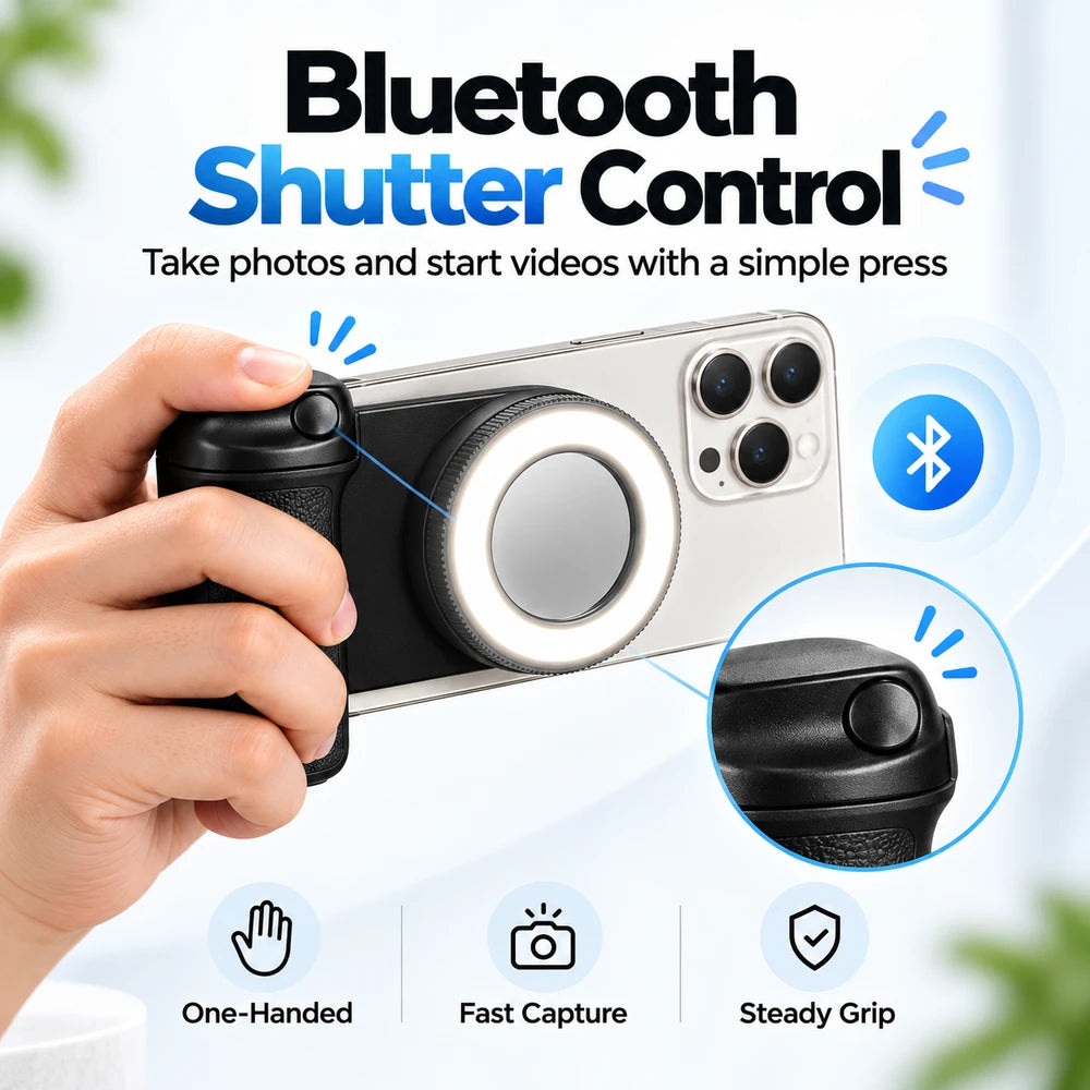 Snap & Glow phone grip with magnetic attachment and wireless shutter