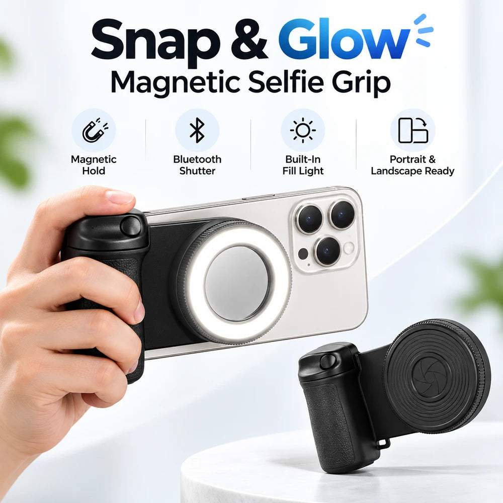 Snap & Glow magnetic selfie grip with Bluetooth shutter and fill light