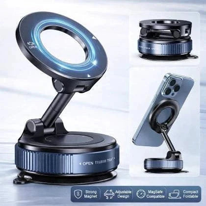Magnetic Vacuum Suction Phone Holder – Foldable 360° Adjustable Car Mount for MagSafe & Dashboard Use