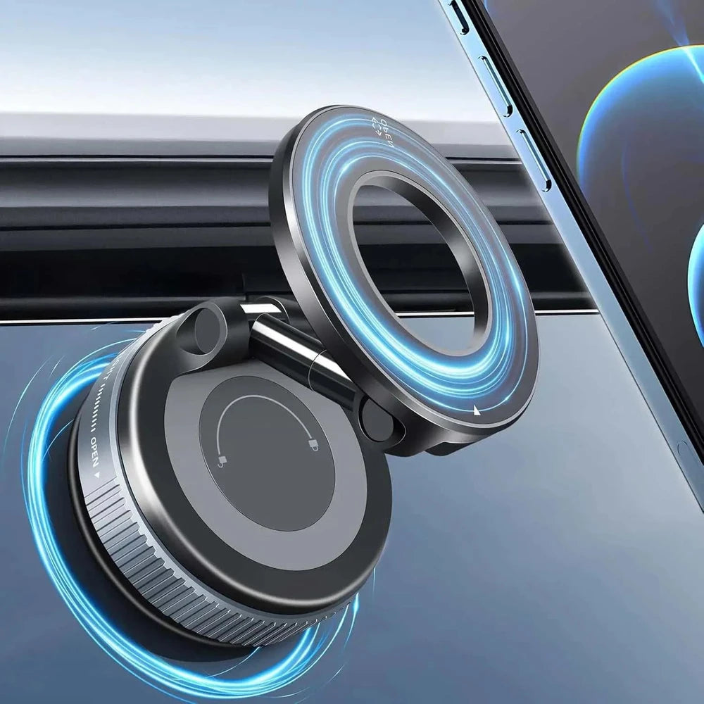 Magnetic Vacuum Suction Phone Holder – Foldable 360° Adjustable Car Mount for MagSafe & Dashboard Use