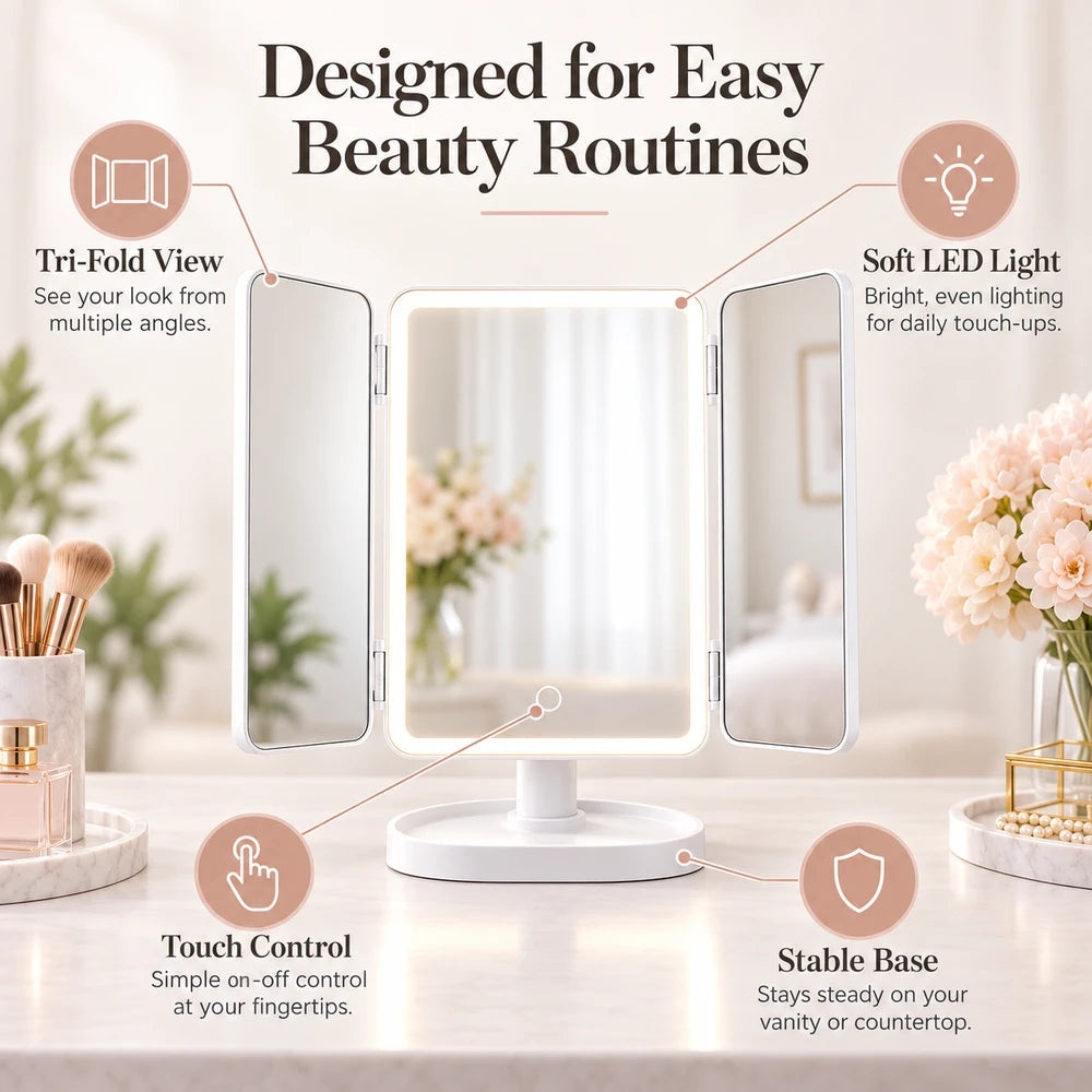 Trifold LED Vanity Mirror with Magnification & Touch Control