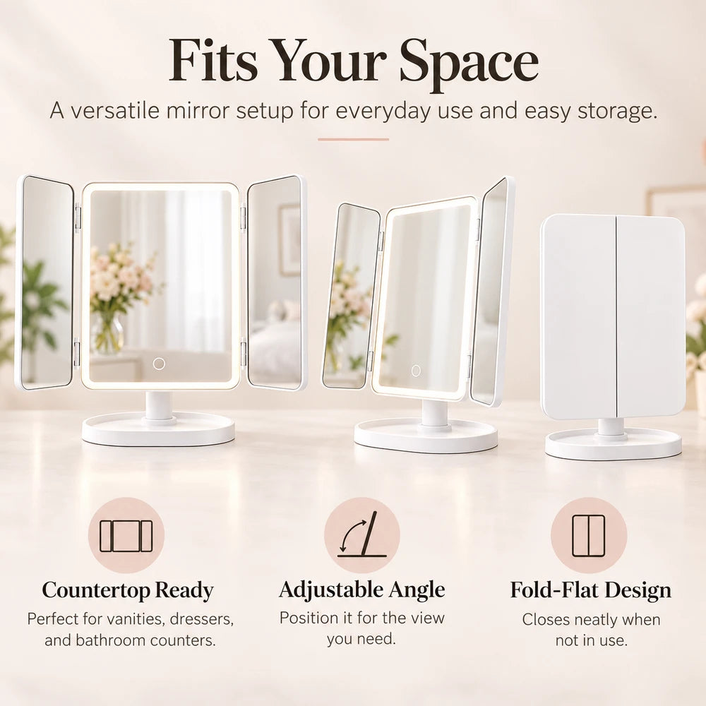 Trifold LED Vanity Mirror with Magnification & Touch Control