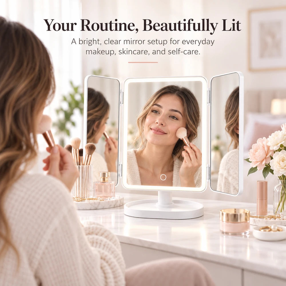 Trifold LED Vanity Mirror with Magnification & Touch Control
