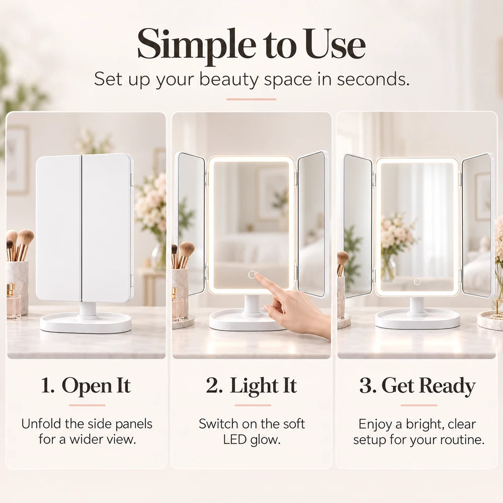Trifold LED Vanity Mirror with Magnification & Touch Control