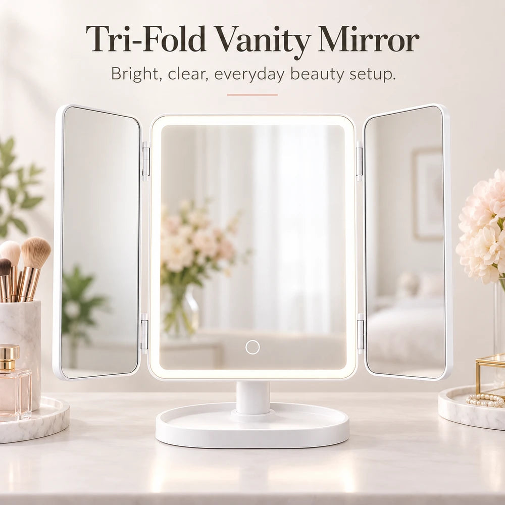 Trifold LED Vanity Mirror with Magnification & Touch Control