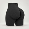 Black seamless high-waist workout shorts, front and back product view