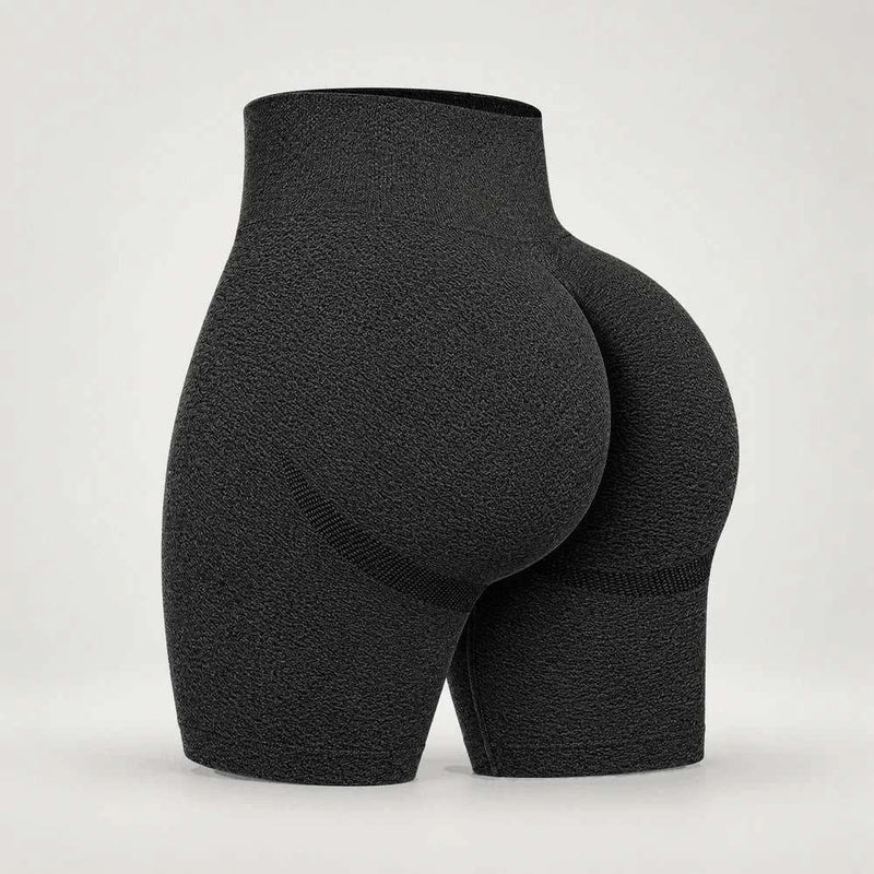 Black seamless high-waist workout shorts, front and back product view