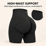 Supportive ribbed high-rise waistband detail on seamless workout shorts