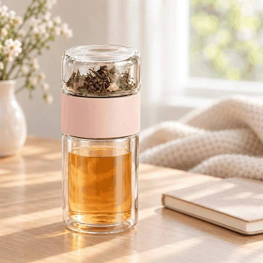 Pink SipEase 200ml glass tea infuser bottle filled with loose-leaf tea
