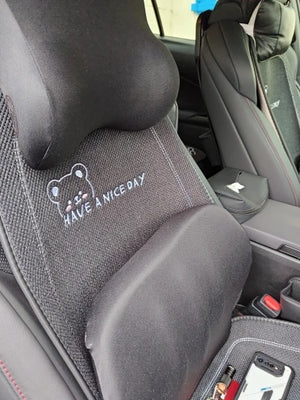 Car seat with a 'Have a Nice Day' embroidered message