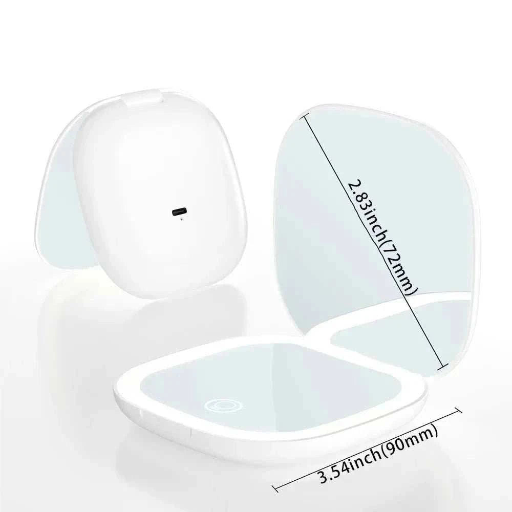 White pocket LED beauty mirror open, showing its lighted compact design