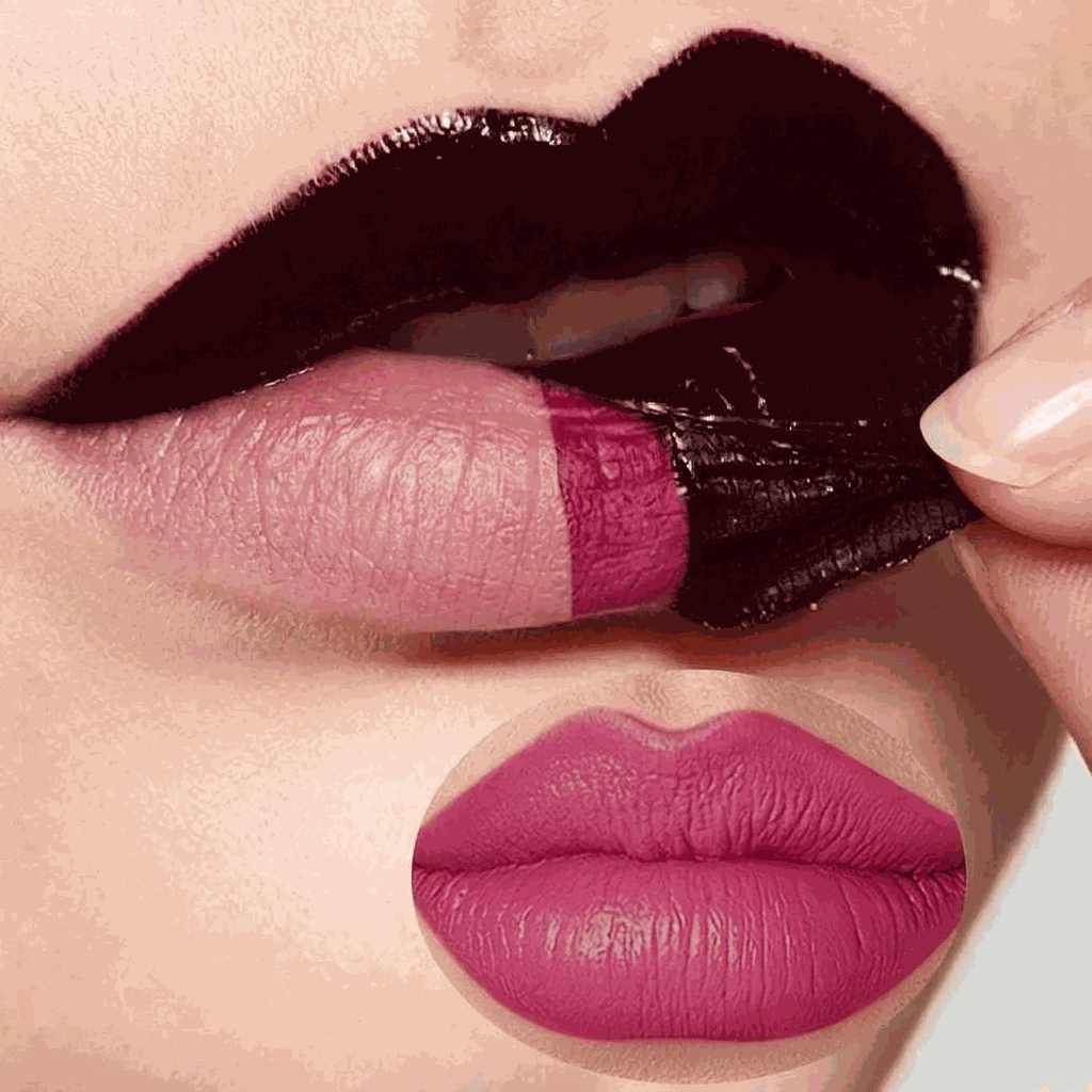 Close-up of a hand applying dark pink lipstick to lips with a brush.