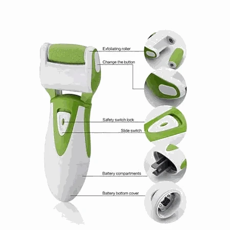Green and white exfoliating tool with labeled parts on a white background