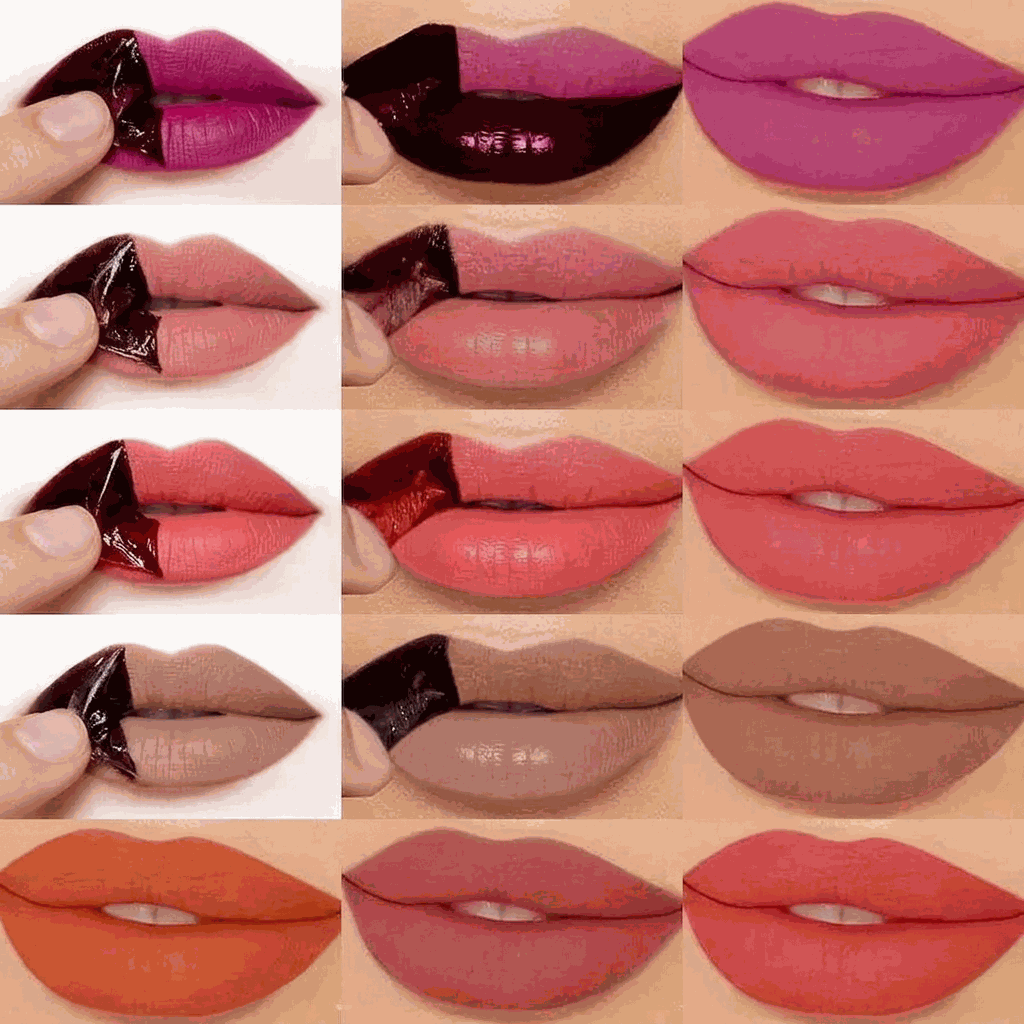 Collage of lipstick swatches on a beige background