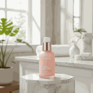 Pink skincare bottle on a marble surface with a blurred bathroom background