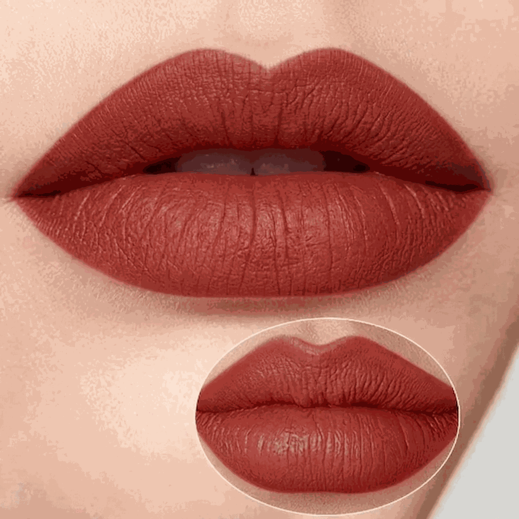 Close-up of a person's lips wearing a red lipstick with a magnified inset showing texture details.