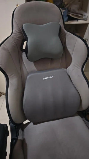 Gray and beige car seat cover with 'awesome' branding on a vehicle seat.