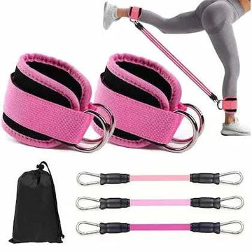 Pink resistance bands with anchors and a black drawstring bag on a white background.