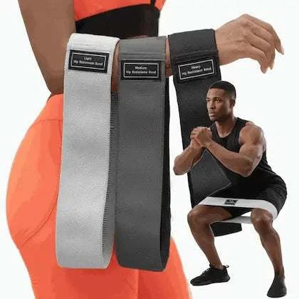 Resistance bands displayed with a person exercising in the background