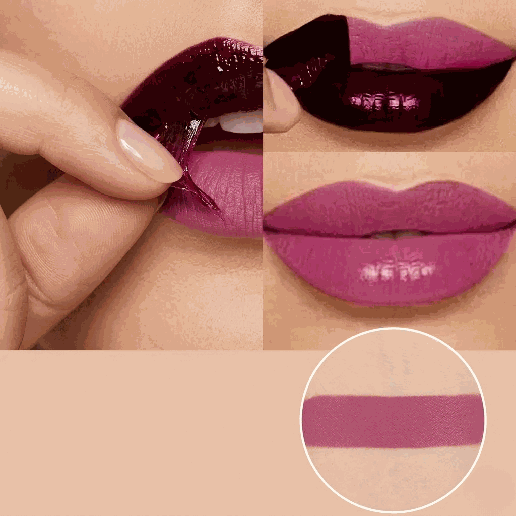 Collage of a woman applying and showcasing a deep purple lipstick.