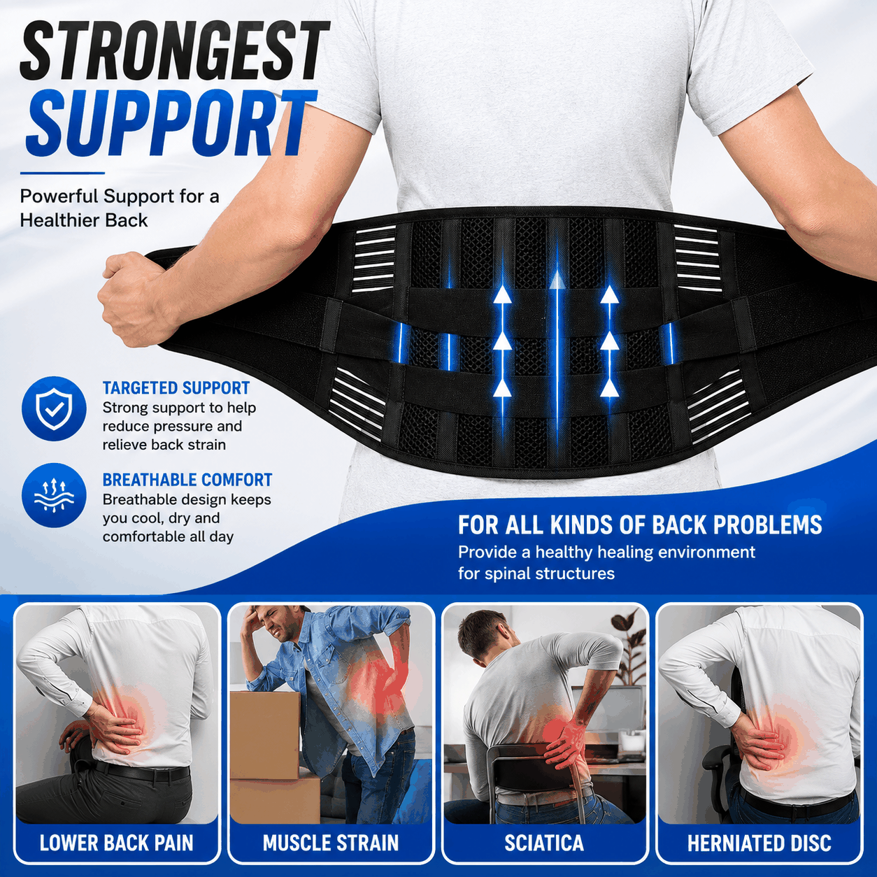 Adjustable Lumbar Back Support Belt | Breathable Waist Brace for Sciatica, Lower Back Pain & Posture Support (Men & Women)