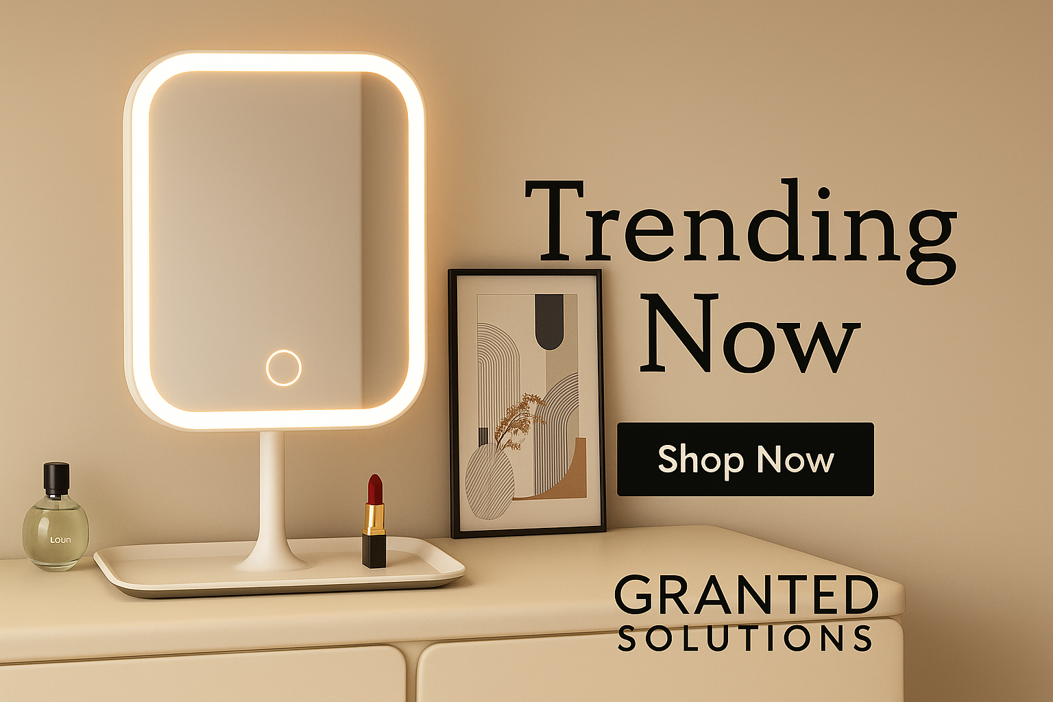 Lighted vanity mirror on a dresser with 'Trending Now' and 'Shop Now' text.