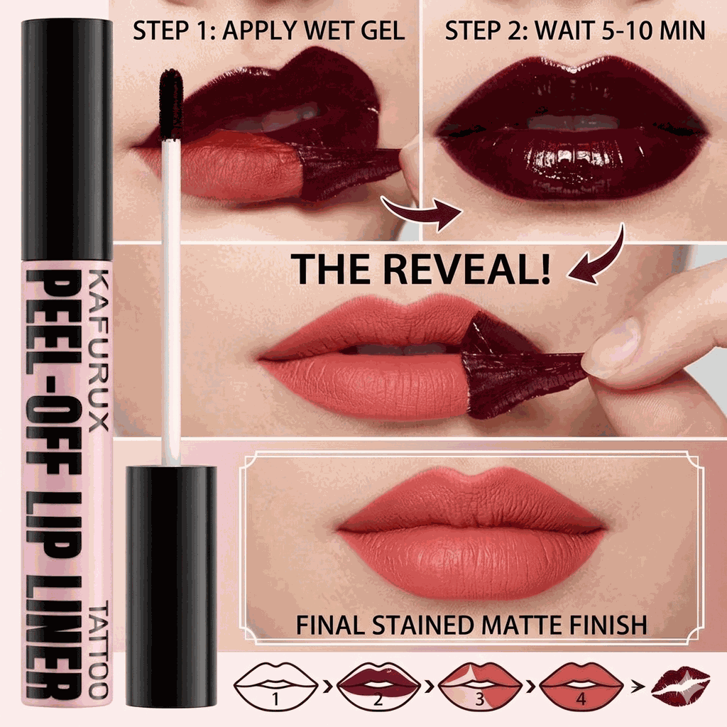 Kaufurux peel-off lip liner product with step-by-step application guide on lips.