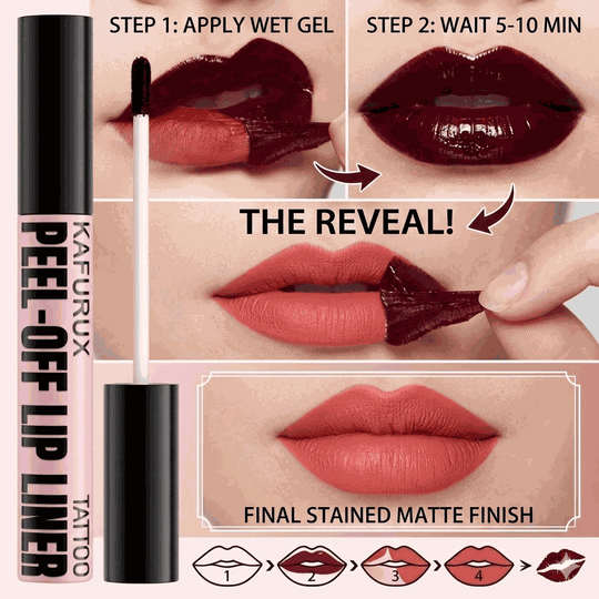 Kaufurux peel-off lip liner product with step-by-step application guide on lips.
