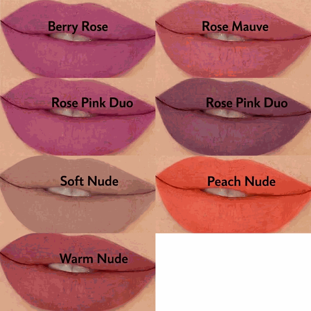 Lipstick shades displayed on lips with labels