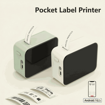 Two pocket label printers with labeled paper and smartphone icon on a beige background