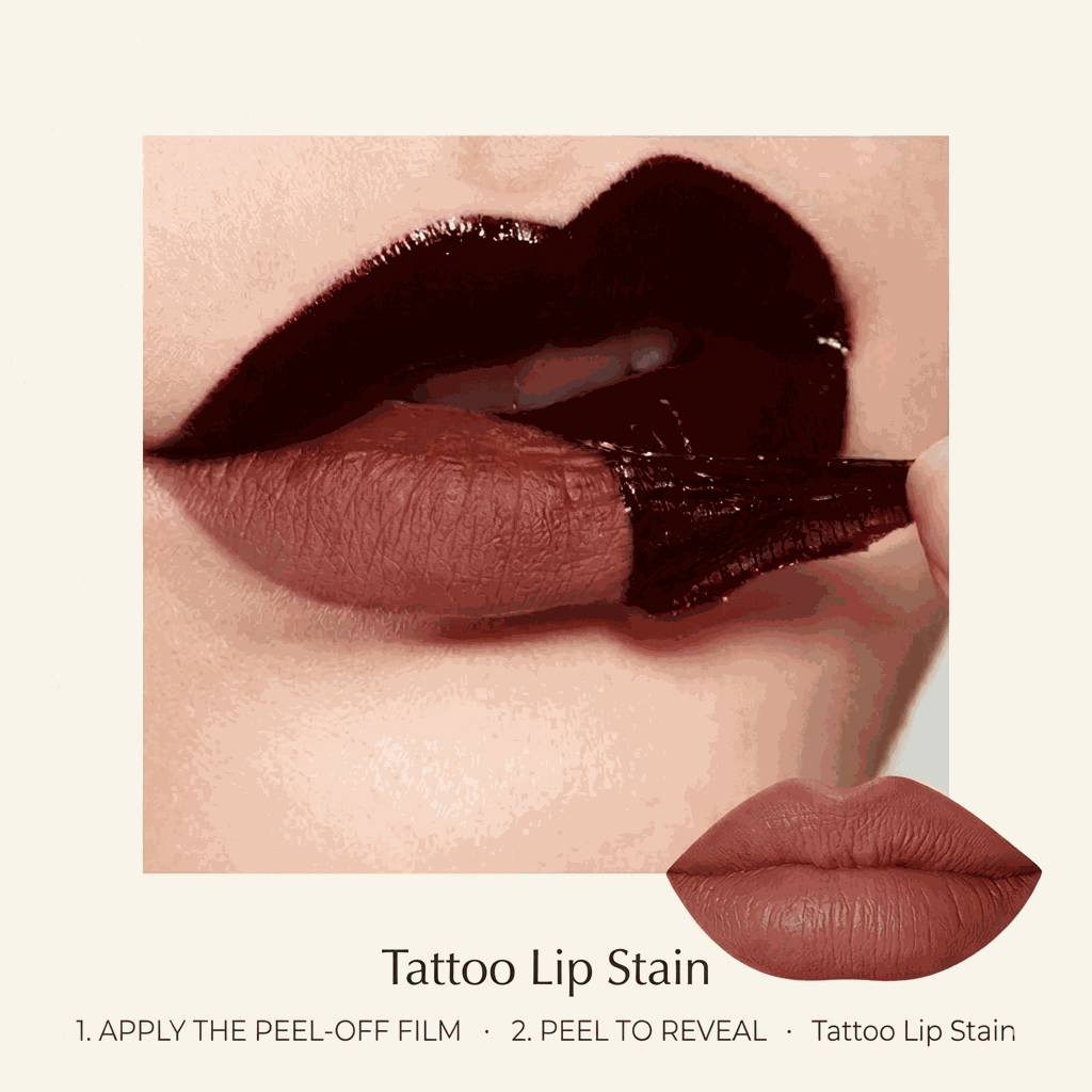 Lipstick being applied to lips with text indicating the application process for a tattoo lip stain.
